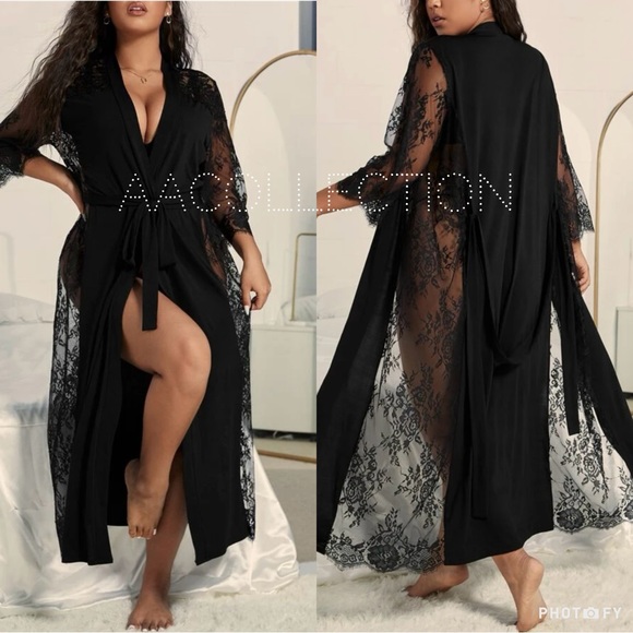 Sexy Plus Size Sheer Mesh Floral Lace Black Cover Up Robe Black - Picture 2 of 4